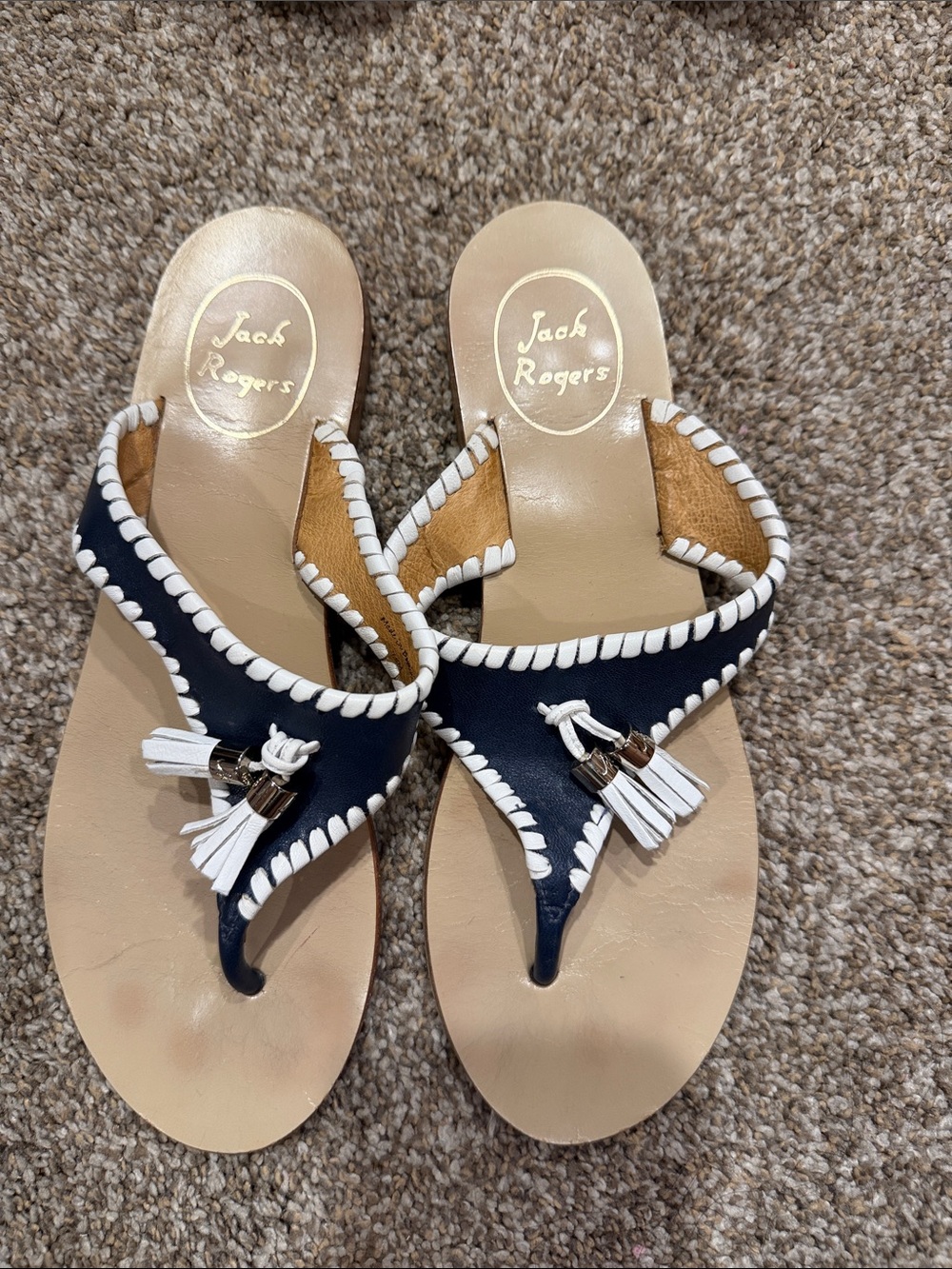 Jack Rogers Navy & White Tassel Thong Sandals